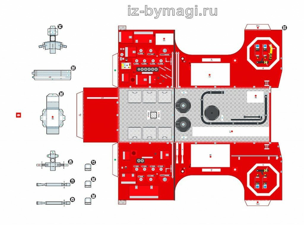 Схема деталей пожарной машинки из бумаги для распечатывания №5